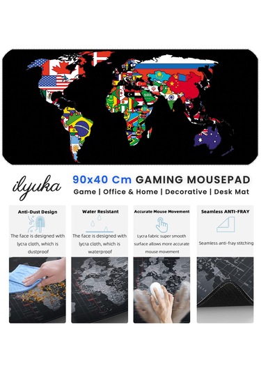 İlyuka Mousepad 90x40cm Büyük Boy Xxl Mp539040 World Map Flags