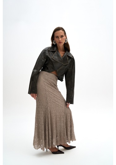 Veylia Uzun Vizon Dantel Etek Vizon