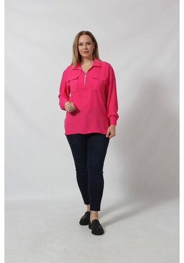 Moda Berray 3055 Yaka Fermuarlı Yandan Yırtmaçlı Gömlek Pembe