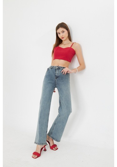 Kutaf Açık Mavi Yüksek Bel Geniş Paça Bol,salaş Palazzo Jeans Mavi