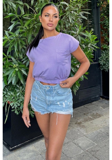 Kadın Lila Yarım Kol, Geniş Yaka, Tek Cepli, Beli Lastikli Rahat Crop Bluz Lila