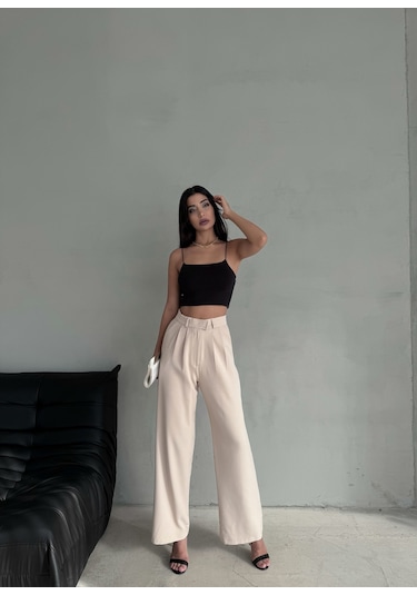 Kadın Cırt Kapama Bol Paça Palazzo Pantolon Bej