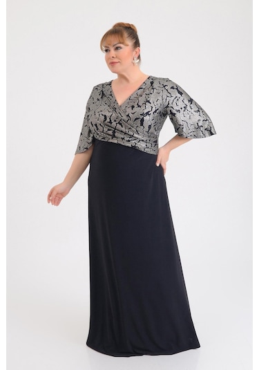 Lilas Xxl Kadın Büyük Beden Kruvaze Yaka Kısa Kollu Uzun Abiye Elbise 9670 Siyah Siyah