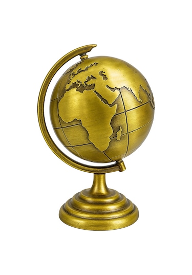 Ofis Ve Ev Dekoru İçin Metal Dünya Küresi Gold Masaüstü Süs, 13x9 Cm