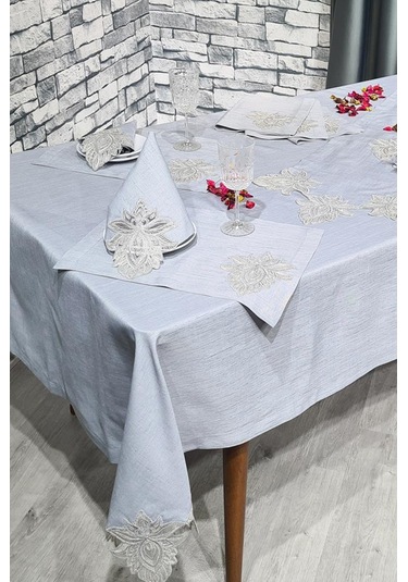 Fransız Dantelli El İşi Lotus 34 Parça Amerikan Servis Seti Gri Gri