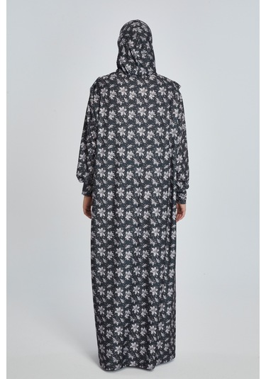 Pratik Tek Parça Manolya Desenli Namaz Elbisesi Koyu Siyah
