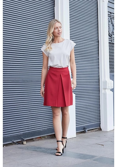 Kadın Yüksek Bel Hafif Likralı Kumaş Pilikaşeli Diz Boy Çan Etek-kırmızı Kırmızı