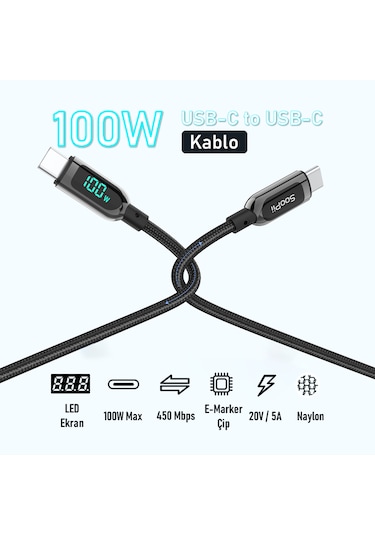 SooPii S10CC PD 100W Led Ekranlı Type-C to Type-C Data Şarj Kablosu