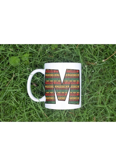 M Harfi Etnik Desenli Kupa - Afrika Tarzı Kahve Çay Kupası - Hediyelik - Black History Beyaz