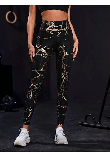 Modasize Kadın Yüksek Bel Desenli Spor Tayt SiYAH