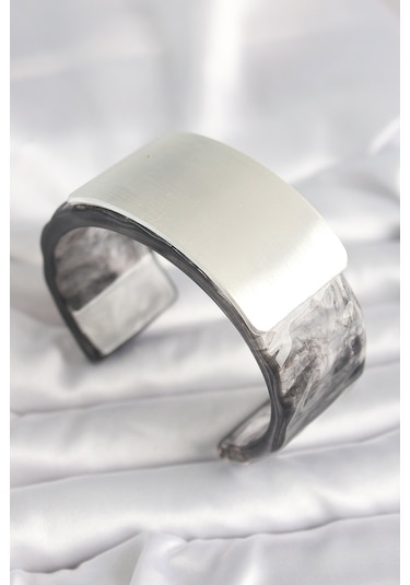 Siyah Mermer Desen Akrilik Plastik Dikdörtgen Plaka Model Vintage Kadın Bilezik - Tj-bb6675 Gümüş