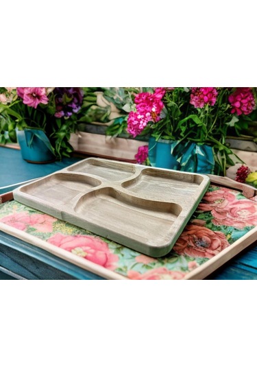 %100 Doğal Gürgen Ağacı 4 Bölmeli Kahvaltı Tabağı 20,5 X 28,5 Cm