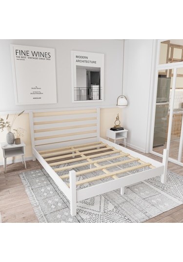 Urban Model Beyaz Renk Çam Ahşap Karyola Ve İki Komodin Set-179 150 x 200 CM