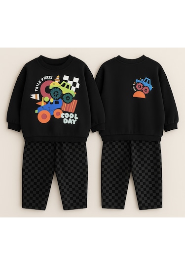 Erkek Çocuk Siyah Renk Araba Baskılı Sırt Detaylı Sweatshirt Kareli Jogger Eşofman Alt Üst Takım Siyah