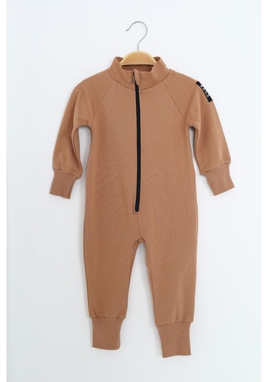 Toontoy Kids Toontoy Erkek Bebek Baskılı Dik Yaka Fermuarlı Reglan Kol Basic Tulum Kahverengi