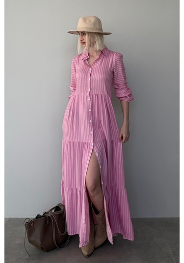 Madmext Pembe Çizgili Düğmeli Uzun Elbise Mg2392 Pembe