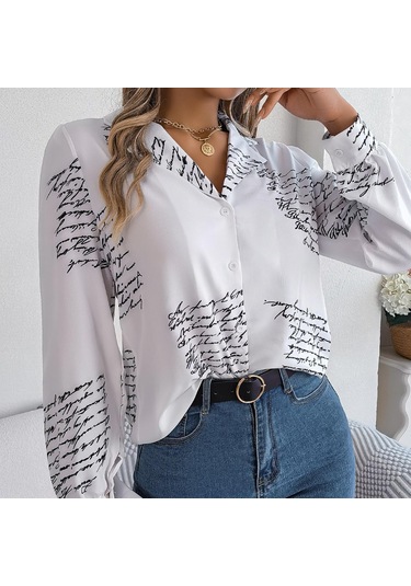 Gmxıa Kadın Modası Günlük Yazlık Takım Uzun Kollu Yaka Bluzlar Ve Alfabe Gömlekler Koyu Mavi