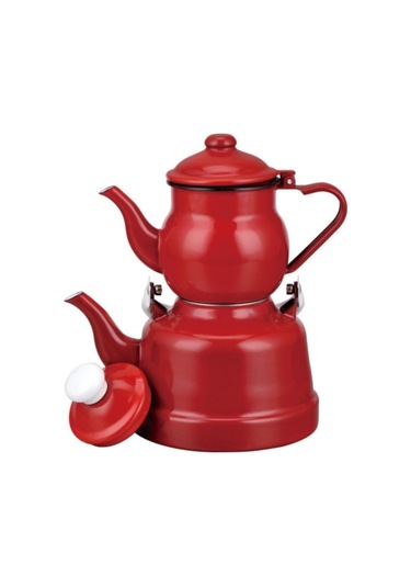 Ebru Kırmızı Metal Emaye Nostaljik Orta Boy Çaydanlık Takımı Em 8680454590801