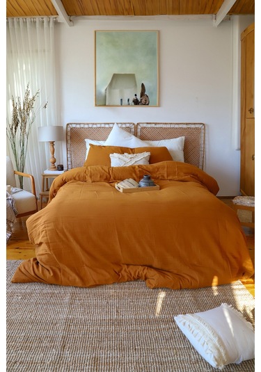 Çift Kişilik 2 Kat Müslin Nevresim Takımı,%100 Pamuk Koyu Kiremit