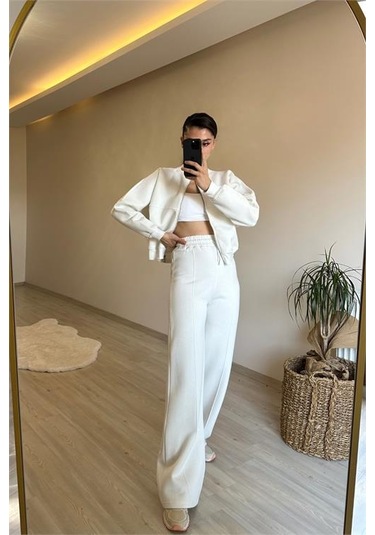 Neşeli Butik Kadın Fermuarlı Oversize Sweat Ve Yüksek Bel Eşofman Takımı Nm018 Ekru