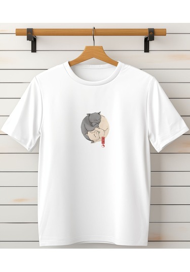 Aselinda Yin Yang Kedi Baskılı Tshirt Beyaz