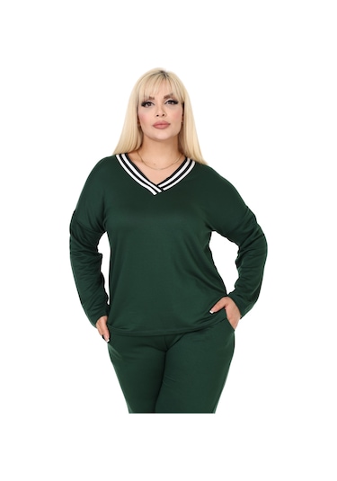 Melsay Butik Zümrüt Yeşili V Yaka Yakası Şerit Detaylı Eşofman Takımı Yeşil