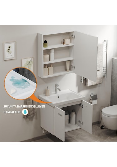 Aqua Bagno Basic Alt Dolap + Üst Dolap -lavabo Dahil-beyaz ,60 Cm. 3 Parça Beyaz