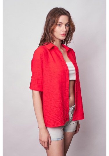 Kadın Keten Düşük Omuzlu Yakalı Kapri Kol Apoletli Gömlek -Koyu Mercan K.Mercan