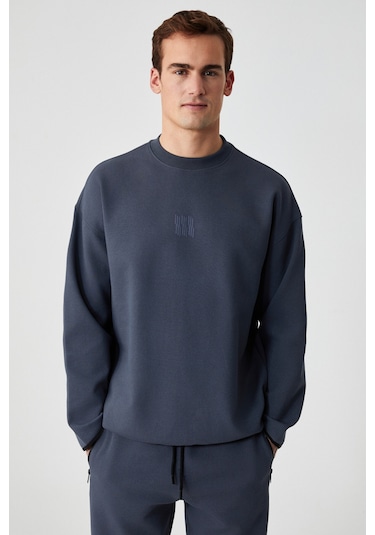 PLEMON Erkek Bisiklet Yaka Uzun Kol Baskı Detaylı Oversize Gri Sweatshirt