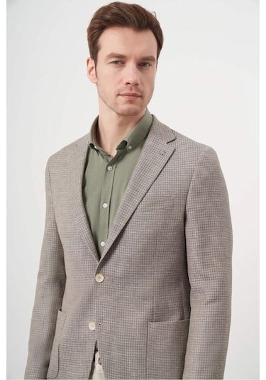 Morven Erkek Dokuma Slim Fit Torba Cep Mono Yaka Spor Ceket 2002 Bej