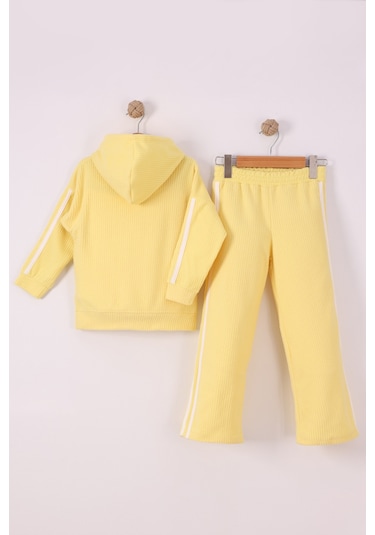 Monox Kız Çocuk Çiçek Baskılı İpli Şeritli Pantolon Fitilli Polar Takım Sarı