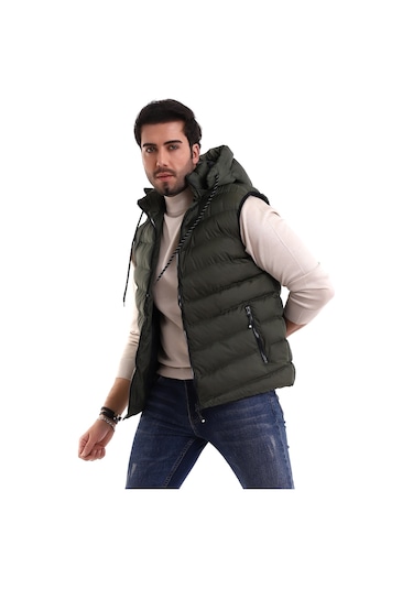Everest Jel Dolgu Çıkartılabilen Fermuarlı Kapüşonlu Erkek Şişme Yelek Haki