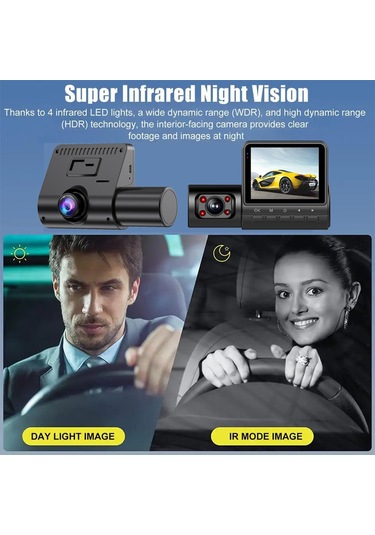 Lemestar Araç İçin 3 Kameralı 1080p Dash Kamera - Gündüz/gece Görüşü, Hareket Algılama Ve Sürekli Kayıt Özellikli, 2 İnç Ekranlı, Siyah Dahili Li-pil