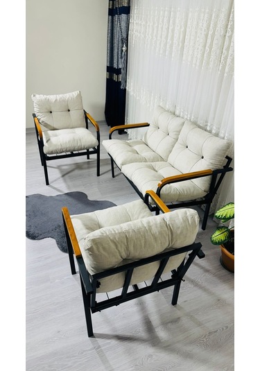 Madame Home Kalanşo Balkon, Bahçe,teras,cafe - Salon - Metal Kanepe Koltuk Takımı Çay Seti 2+1+1 Krem