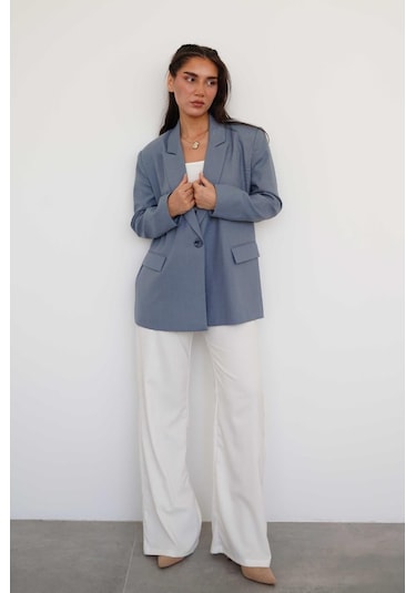 Madmext İndigo Oversize Blazer Kadın Ceket Mg2445 Indıgo
