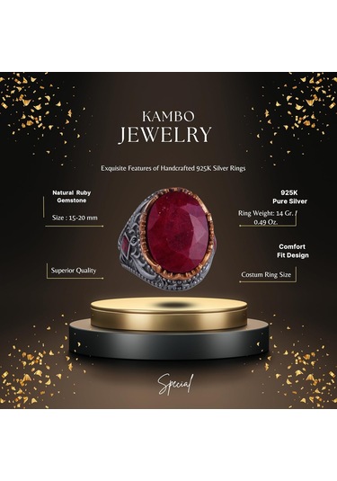 Gerçek Doğal Taş Yüzük - El Yapımı 925 Ayar Gümüş Yüzük - El Yapımı Yüzük Yakut Gümüş