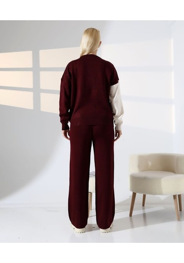 Renk Bloklu Triko Takım Bordo - Taş