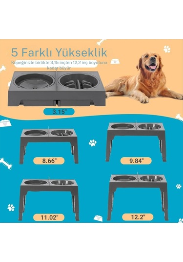 Ayarlanabilir Yükseltilebilir Köpek Kedi Mama Kabı Yavaş Yeme Ve Sıçrama Önleyici Su Kabı 2 Li Set