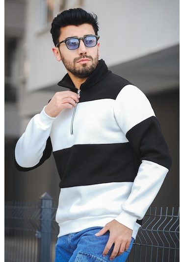 Oksit Arman Üç İplik Şardonlu Parçalı Fermuarlı Dik Yaka Slim Fit Erkek Sweatshirt 001