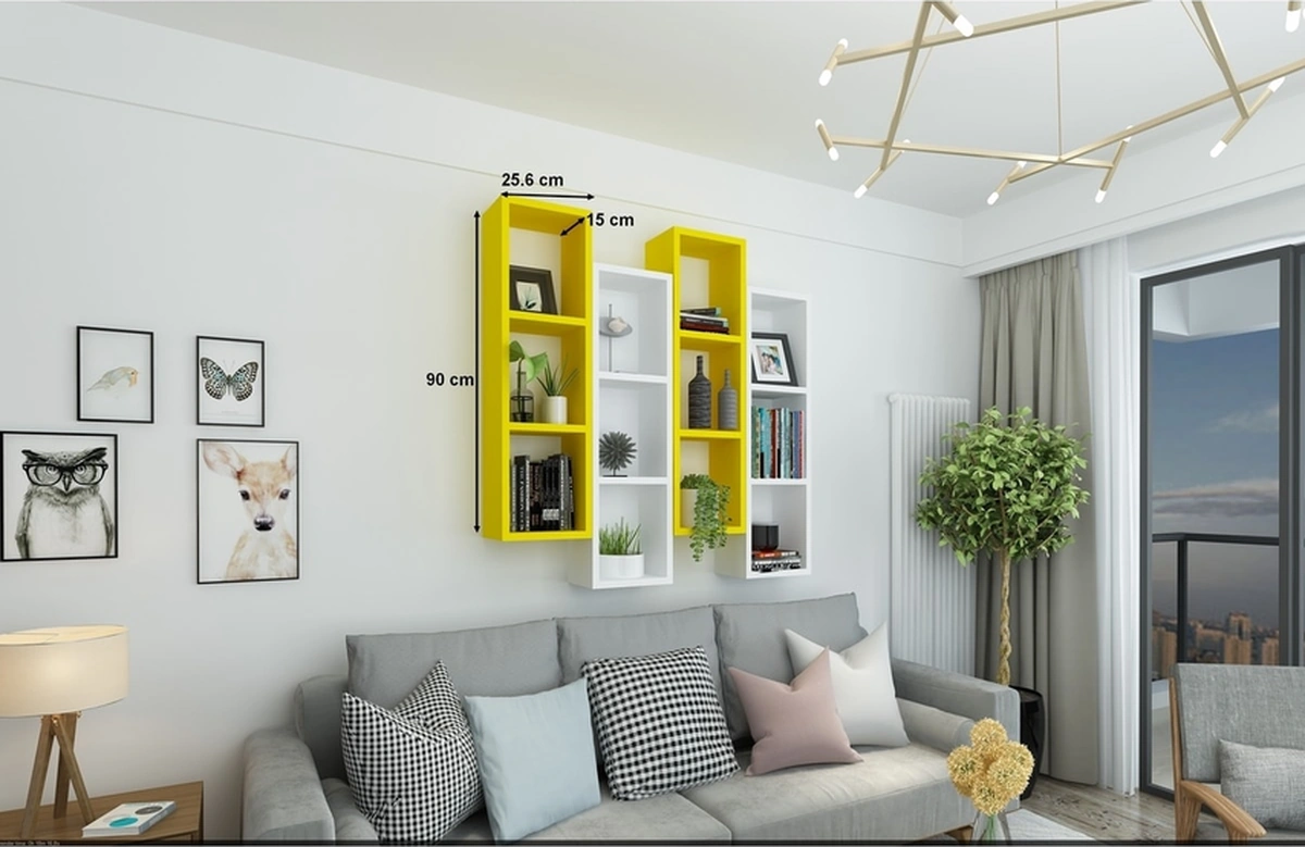 Kitaplık Modern Ev Duvar Rafı Sarı Beyaz 4 Lü Takım Sarı-beyaz