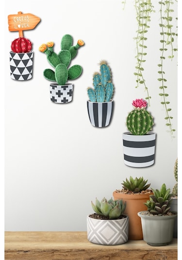 No77Decor Ahşap Kaktüs Duvar Dekorasyon Seti 4 Parça