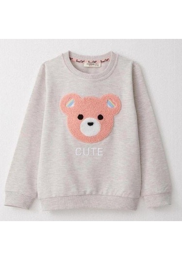 Kız Çocuk Ayıcık Nakışlı Pamuklu Eşofman Takım-14585 Gri