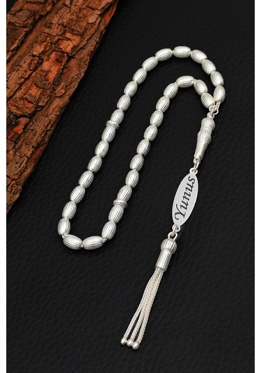 İsimli Gümüş Tesbih Çizgili Arpa Kesim İsim Yazılı Gümüş Tesbih 925 Ayar St381 Beyaz