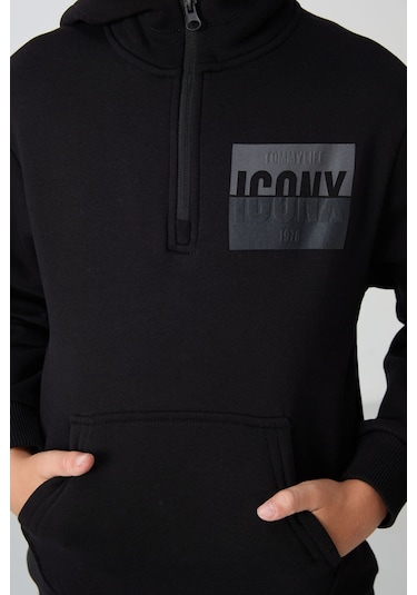 Tommy Life Siyah Pamuklu Kalın İçi Tüylü Yumuşak Dokulu Standart Fit Baskılı Erkek Çocuk Eşofman Takım - 11246 Siyah