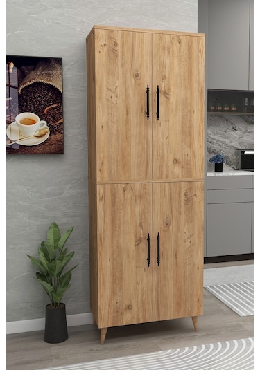 Meta 6 Raflı 4 Kapaklı Çok Amaçlı Xl Dolap Mutfak Banyo Balkon Erzak Killer Dolabı - Çam