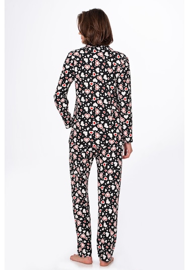 Kadın Süet Önden Düğmeli Pijama Takımı Kalpli Kırmızı Kalp