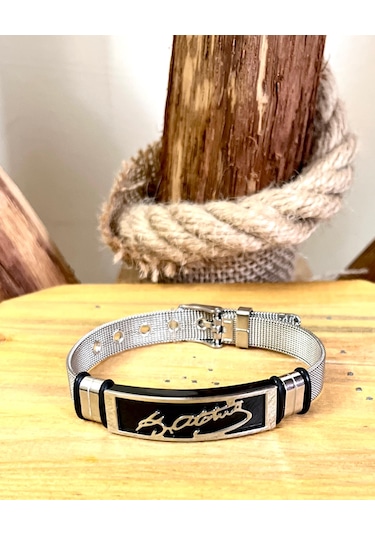 Kemal Atatürk İmzalı Kemer Kordonlu Çelik Bileklik 23 Cm Gümüş - Siyah