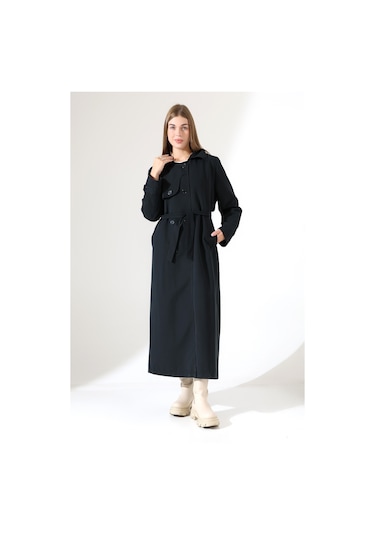 Amazon Keten Kumaş Uzun Boy Düğmeli Astarlı Yumuşak Dokulu Trenç Kot Siyah Siyah