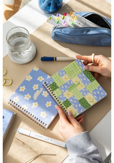 15x16 Spiralli Karton Kapak 2'li Noktalı Not Defter Seti - Patchwork Çok Renkli