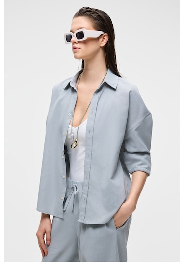 VESTA Kadın %100 Pamuk Keten Görünümlü Flamlı Oversize Gri Gömlek